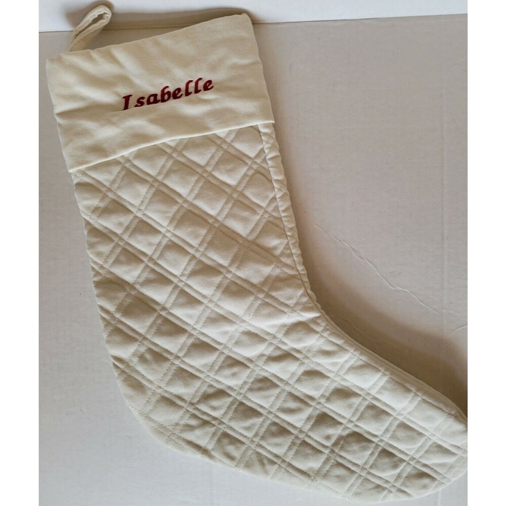 Lands' End Ivory Quilted Cotton Christmas Stocking Isabelle monogram solid C43
